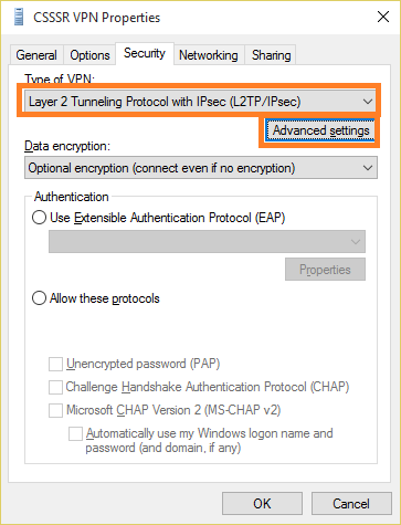Скриншот панели настройки VPN в Windows, вкладка "Security"